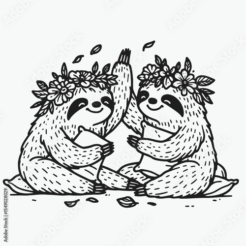 sloth couple wear flower crown Playful Pillow Fight. Valentine Love Romance Cupid February Clipart Line Art Vector Illustration. Adorable slow pair sport floral headgear enjoy joyful cushion.