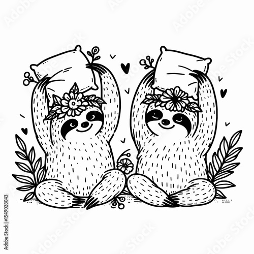 sloth couple wear flower crown Playful Pillow Fight. Valentine Love Romance Cupid February Clipart Line Art Vector Illustration. .