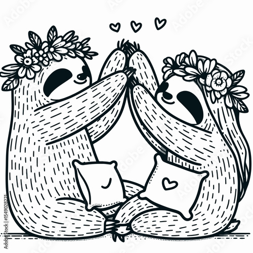 sloth couple wear flower crown Playful Pillow Fight. Valentine Love Romance Cupid February Clipart Line Art Vector Illustration. Lazy duo adorn blossom wreath enjoys amusing cushion combat.