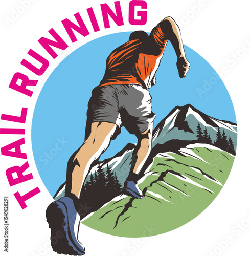Man running over the mountain - Trail running logo and vector illustration