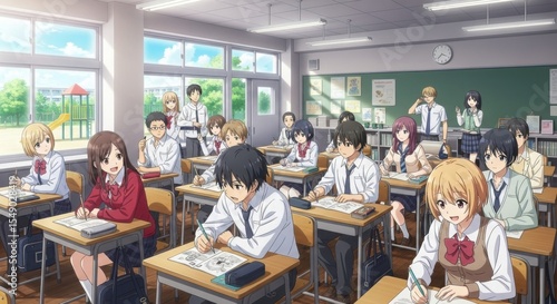 Anime School Students Studying and Attending Class in a Bright and Sunny Environment