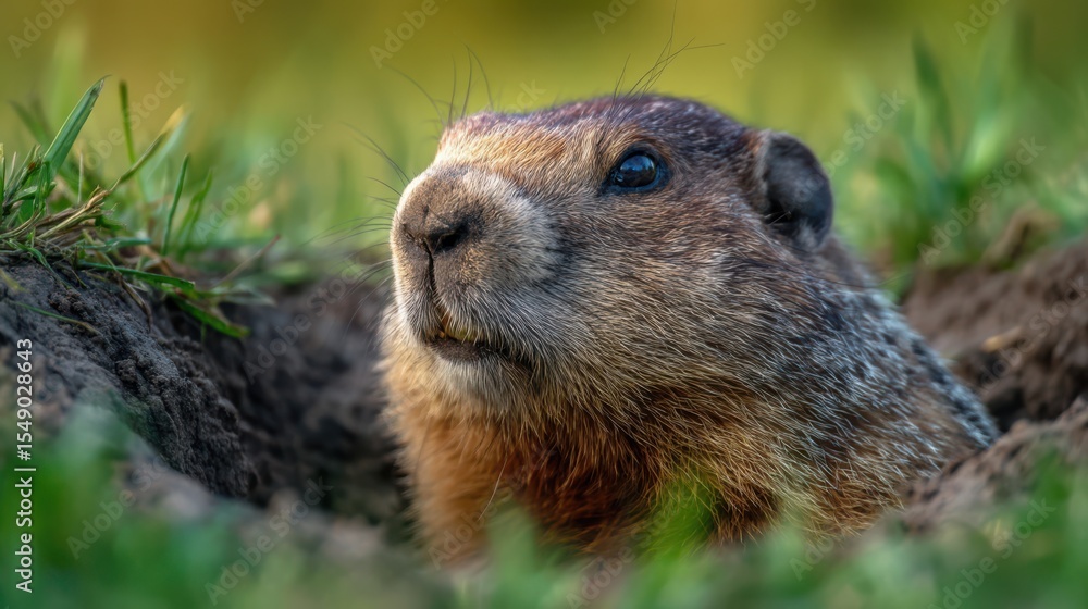 Naklejka premium A groundhog is seen peeking out from its burrow surrounded by soft green grass under the warm afternoon sun. The animal displays curiosity and alertness in its natural habitat