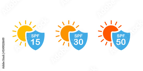 SPF Protection Icons SPF 15, 30, and 50 | Sun Protection Factor Levels in Icon Set | Sunscreen Label Icons for Skincare Packaging.