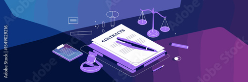 Digital illustration of contracts with legal icons – Useful for law firm branding, digital agreement templates, or compliance-related content
