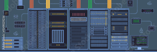 Network server room with racks and equipment icons – Suitable for data center brochures, IT infrastructure presentations, or system management visuals