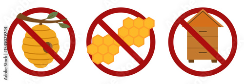 Vector set of prohibition signs with a beehive, apiary and honeycombs. Beekeeping is prohibited. Places prohibited for bees.