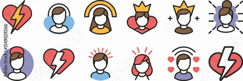 Dating app icons with heart, halo, crown, star, and lightning bolt – Perfect for romantic apps, relationship tools, or social networking platforms.
