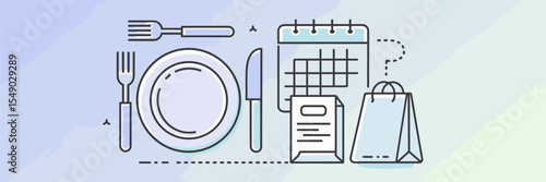 Meal planning and grocery app icons with utensil and calendar – Ideal for food organization platforms, kitchen planning apps, or shopping tools