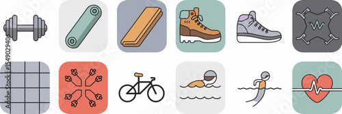 Minimalist app icons for fitness and outdoor workouts with dumbbell, yoga mat, hiking boot, and heart rate monitor