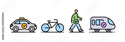 Ride-sharing and transport icons with colored checkmarks on white background