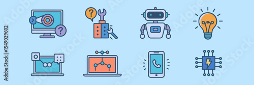 Tech support and troubleshooting icon set – Perfect for software development tools, user assistance systems, or customer service dashboards