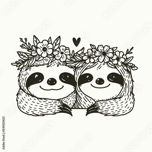 sloth couple wear flower crown peeking. Valentine Love Romance Cupid February Clipart Line Art Vector Illustration. Pair of slow mammals donned blossom garland spying a charming wildlife.