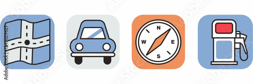 Road trip navigation app icons with car, map, compass, and gas pump