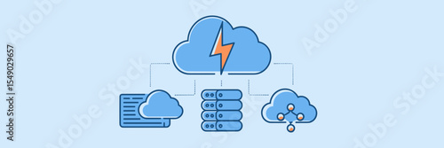 Cloud computing icons with overlays for storage, network, and servers – Great for cloud solutions, hosting services, or data infrastructure platforms