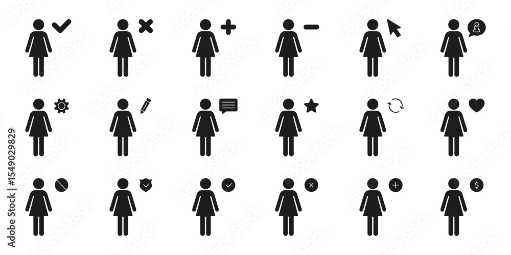 Female User Interface Icons Solid Icon Set. User Interaction, Profile Management, Communication Silhouette Symbol Collection. Includes Check, Cross, Plus and Minus Icon. Isolated Vector Illustration Female User Interface Icons Solid Icon Set. User Interaction, Profile Management, Communication Silhouette Symbol Collection. Includes Check, Cross, Plus and Minus Icon. Isolated Vector Illustration