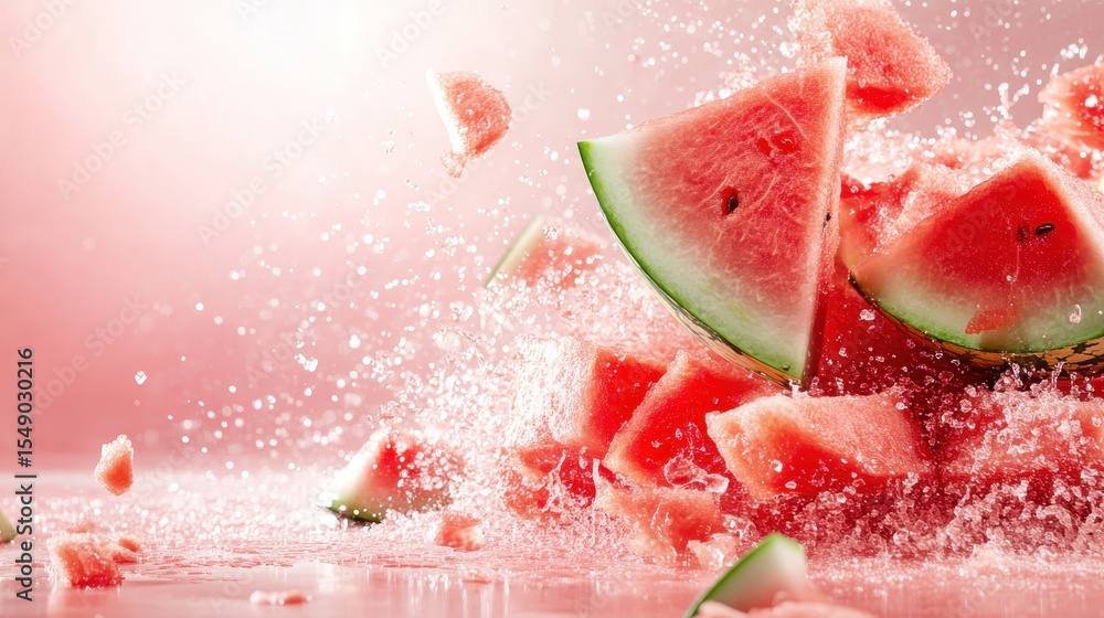 Fototapeta premium This dynamic image captures a watermelon bursting into pieces, creating a splash of juice and vibrant colors, symbolizing freshness and summer fun in a playful manner.