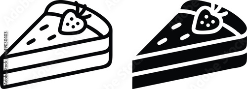 Minimalist Layered Cake Slice & Strawberry Icon – Grayscale Line Art Vector Illustration