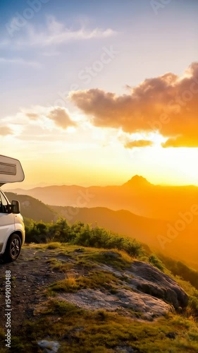 Camper van parked overlooking mountain range at sunset, idyllic road trip adventure lifestyle