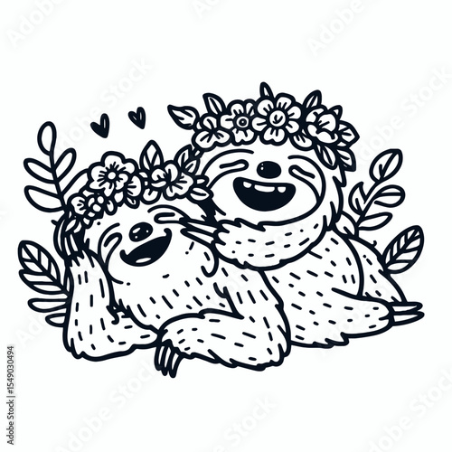 sloth couple wear flower crown lying down on back Laughing Together. Valentine Love Romance Cupid February Clipart Line Art Vector Illustration. Relaxing pair of slow mammals with floral.