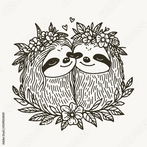 sloth couple wear flower crown Kissing on the cheek. Valentine Love Romance Cupid February Clipart Line Art Vector Illustration. Pair of tree dwellers with floral headpiece gentle affection.