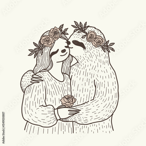 sloth couple wear flower crown Kissing on the cheek. Valentine Love Romance Cupid February Clipart Line Art Vector Illustration. Tree-dwelling mammal pair with floral headpiece gentle face.