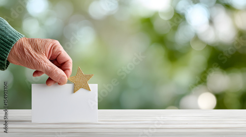 Hand placing golden star on a blank card near window.  