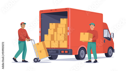 delivery workers loading boxes into a red truck using hand truck and manual lifting – logistics, courier, and freight transport service