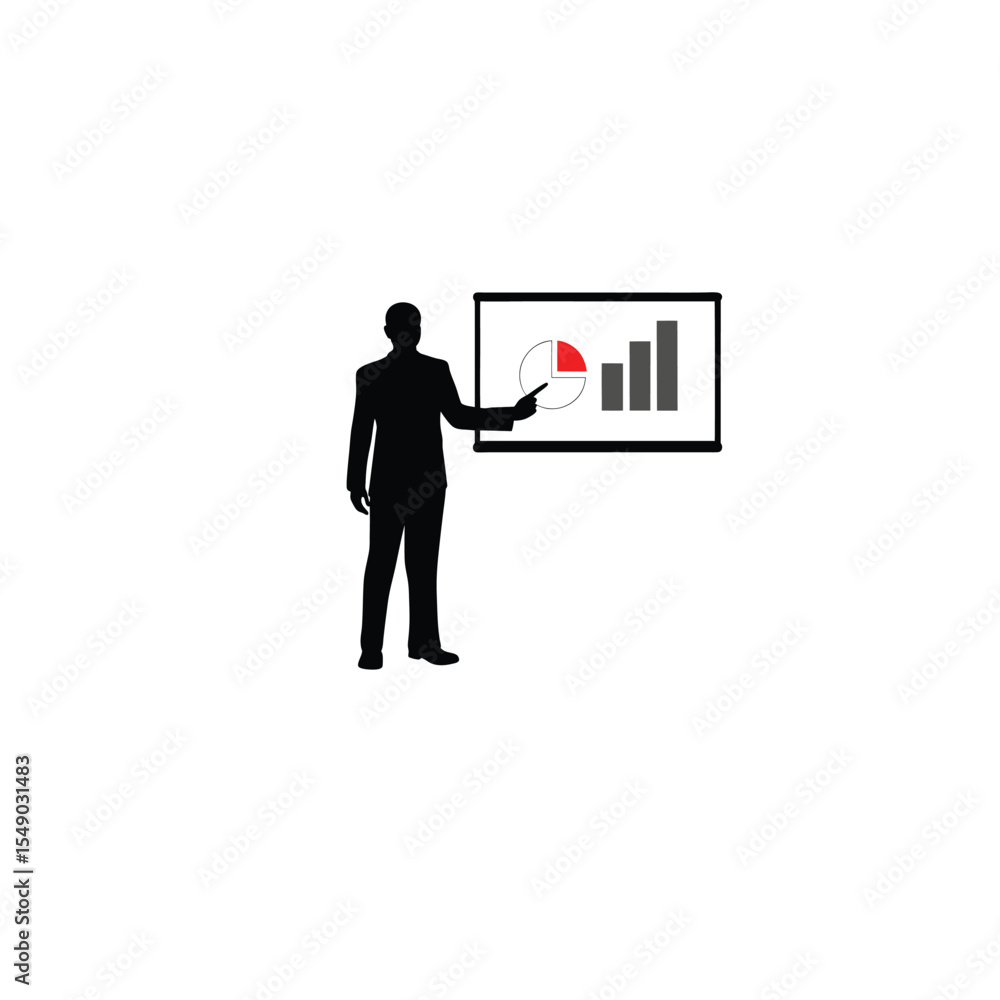 Silhouette of a corporate trainer presenting a slide deck in a webinar on white background Silhouette of a corporate trainer presenting a slide deck in a webinar on white background