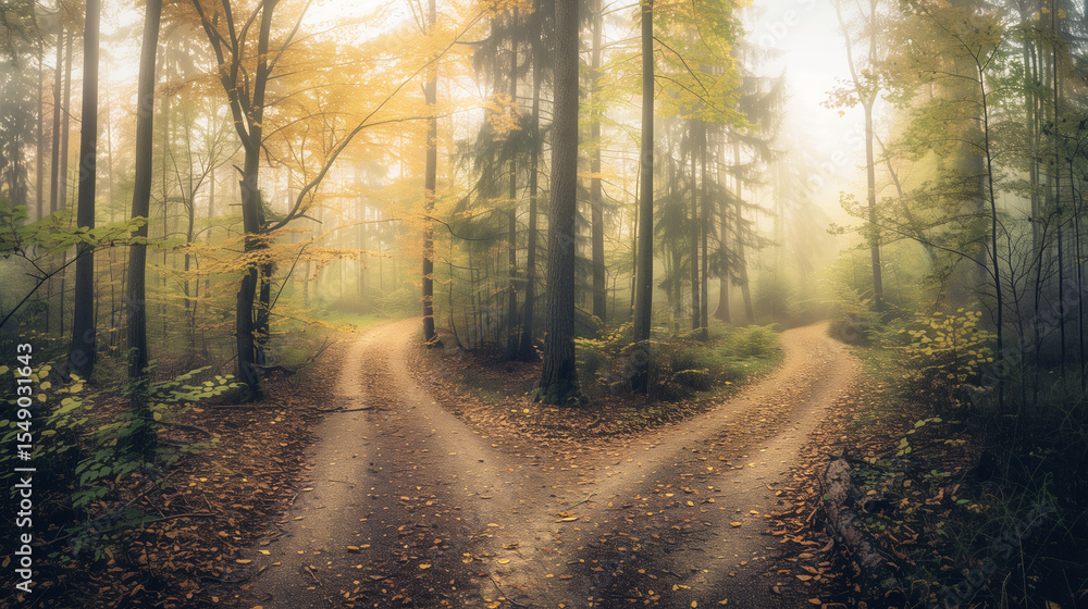 Fototapeta premium A mystical crossroads splitting into two paths in an enchanted forest, golden light through ancient trees. Choices and mystery in a magical woodland. 