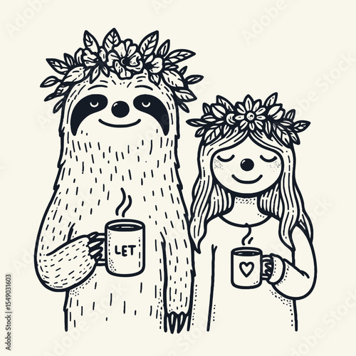 sloth couple wear flower crown hold coffee mug drink coffee. Valentine Love Romance Cupid February Clipart Line Art Vector Illustration. Slow pair adorn blossom garland grip joe cup sip java.