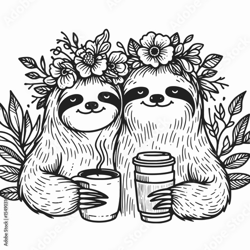 sloth couple wear flower crown hold coffee mug drink coffee. Valentine Love Romance Cupid February Clipart Line Art Vector Illustration. Slow pair with floral headpiece grip cup sip java.