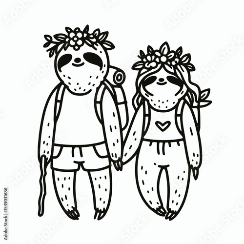 sloth couple wear flower crown hiking. Valentine Love Romance Cupid February Clipart Line Art Vector Illustration. Slow pair adorn bloom chaplet trek outdoor.