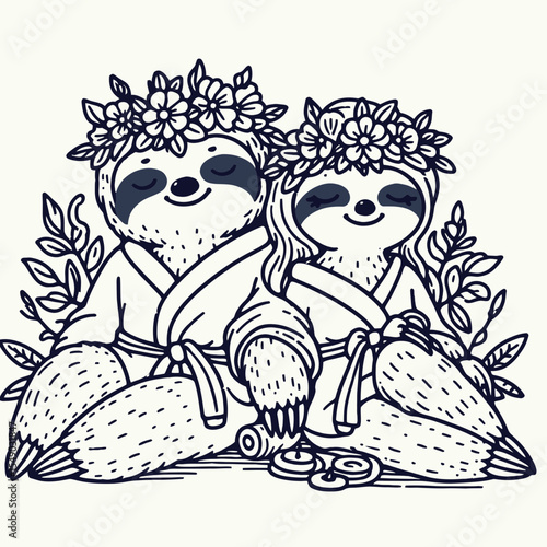 Wallpaper Mural sloth couple wear flower crown Having a spa day. Valentine Love Romance Cupid February Clipart Line Art Vector Illustration. Cute slow duo with bloom headband enjoys relaxation treatment. Torontodigital.ca