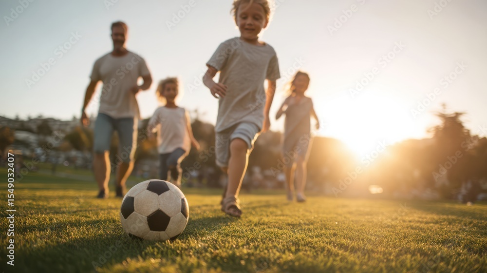 Fototapeta premium Parents and children engage in a lively game of soccer in a spacious park during golden hour. Everyone runs energetically towards the ball, sharing smiles and laughter