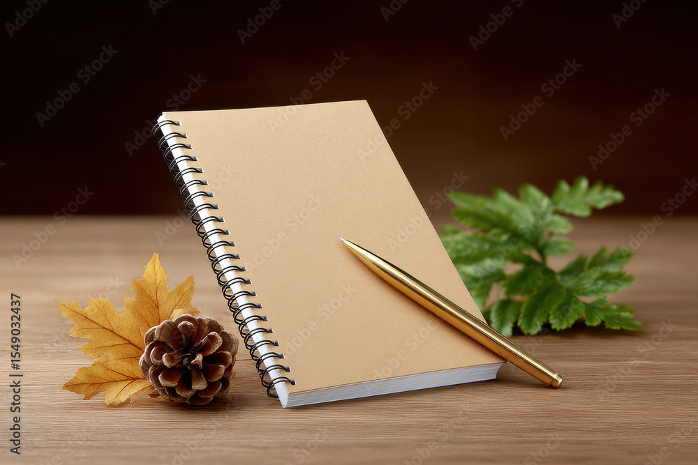 Fototapeta premium Blank notebook with gold pen, autumn leaves, pine cone, and green foliage on wooden surface, cozy and natural setting for writing or note taking