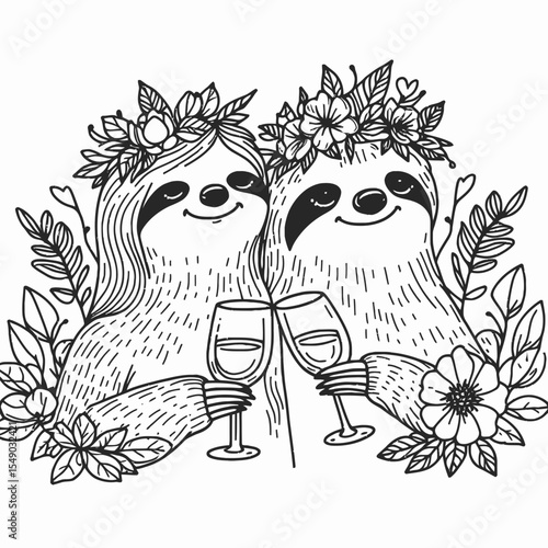 sloth couple wear flower crown Elegant Wine Toast. Valentine Love Romance Cupid February Clipart Line Art Vector Illustration. Mellow pair don floral headpiece fancy vino cheer adorable.