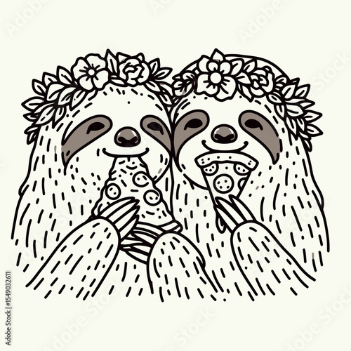 sloth couple wear flower crown eat pizza. Valentine Love Romance Cupid February Clipart Line Art Vector Illustration. Slow pair adorned in blossom headgear consume flatbread treat.