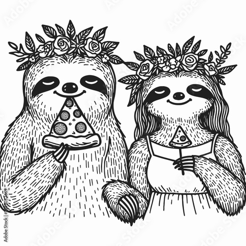 sloth couple wear flower crown eat pizza. Valentine Love Romance Cupid February Clipart Line Art Vector Illustration. Two slow animal enjoy floral headpiece consuming flatbread meal.