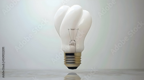 A single, white, spiral-shaped light bulb, illuminated against a muted gray background.  The bulb's intricate design,  and the golden screw-in base,  are clearly visible. 