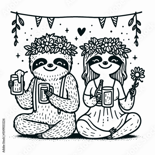 sloth couple wear flower crown drink beer. Valentine Love Romance Cupid February Clipart Line Art Vector Illustration. Lazy duo adorn floral headpiece savor ale a loving bond celebration.