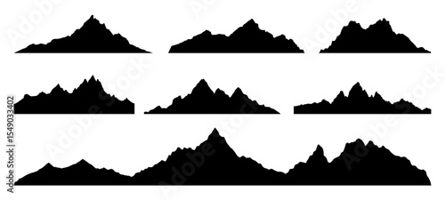 Set of black mountain silhouette vector. Landscape mountain range vector illustration. Nature outdoor adventure.