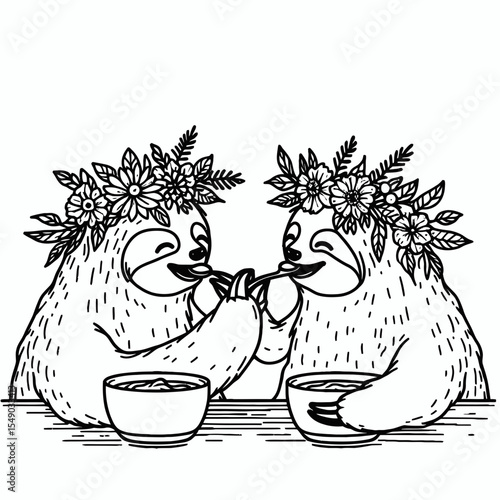 sloth couple wear flower crown dinner Feeding Each Other. Valentine Love Romance Cupid February Clipart Line Art Vector Illustration. Slow animal pair enjoy blossom garland mealtime giving.