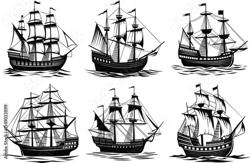 Black and white illustrations of historic sailing ships