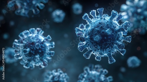 Stunning photo of microscopic enlargement of blue virus - respitory virus outbreak - floating cells in body - virus shaped as covid, influenza, sars, corona, hiv, mers, cholera.