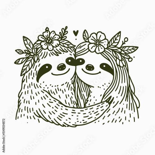 sloth couple wear flower crown Cheek to Cheek. Valentine Love Romance Cupid February Clipart Line Art Vector Illustration. Slow pair adorn floral headpiece face lovable animal theme.