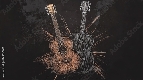crossed acoustic guitars, symbolizing music, unity, and celebration in classic art sketch engraving generative ai vector illustration. Scratch board imitation