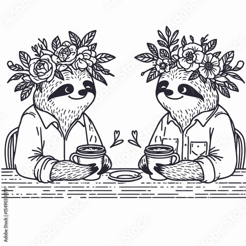 sloth couple wear flower crown Casual Coffee Date in cafe. Valentine Love Romance Cupid February Clipart Line Art Vector Illustration. Slow animal pair adorn bloom garland relaxed java time.