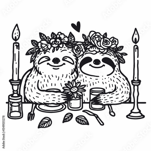 sloth couple wear flower crown Candlelit Dinner. Valentine Love Romance Cupid February Clipart Line Art Vector Illustration. Slow pair adorn floral headband romantic supper with light.