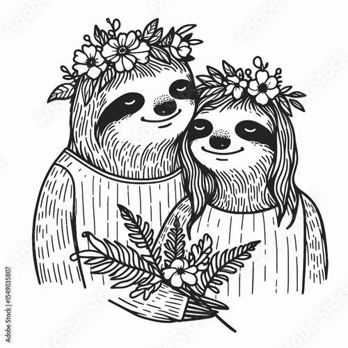 sloth couple wear flower crown a playful lift. Valentine Love Romance Cupid February Clipart Line Art Vector Illustration. Slow duo adorn flora wreath cheery hoist.