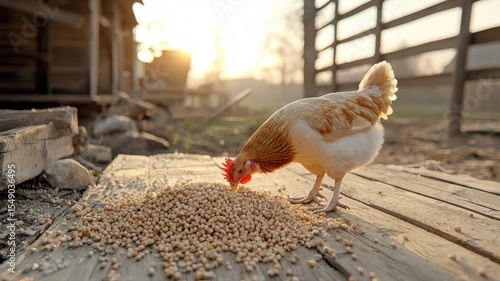 Farm Chicken Eating Grain at Sunrise or Sunset chicken eating grain farm sunrise sunset hen poultry